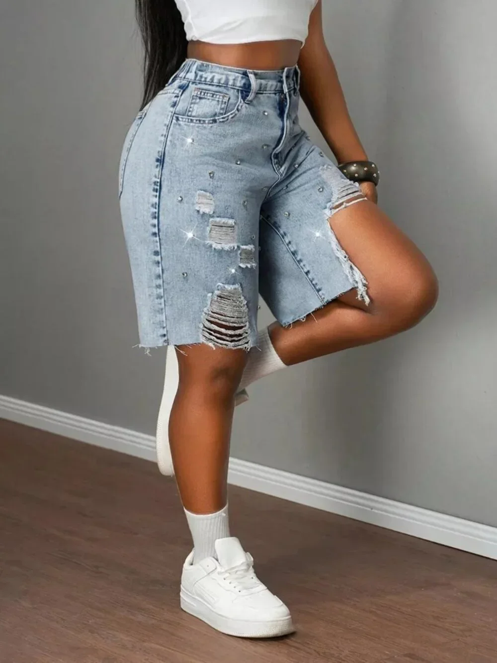 Distressed Rhinestone Denim Shorts - Picture 7 of 8